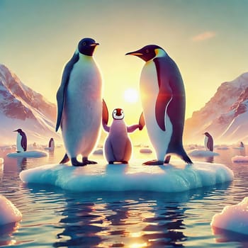 A penguin family portrait at sunset. Two adult penguins and a chick stand on an ice floe, surrounded by a majestic polar landscape.
