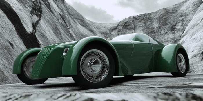 Green vintage style sports car is parked near a mountain cliff in this image with a vintage feel. The image evokes speed, luxury, and adventure
