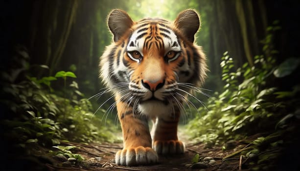 A majestic tiger strides through a dense, green jungle, surrounded by lush vegetation and mystical light that permeates the scene.
