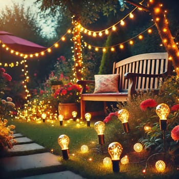 Fairy lights in the garden with garden bench. Lights twinkle from trees, bushes and meadow. Romantic evening atmosphere