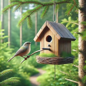 A beautiful wooden birdhouse hangs from a tree in the sunny forest. A small songbird sits on a branch in front of the house and enjoys nature.