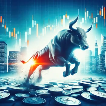 An imposing bull in the middle of an urban street scene, flanked by skyscrapers, symbolizes strength and financial power.