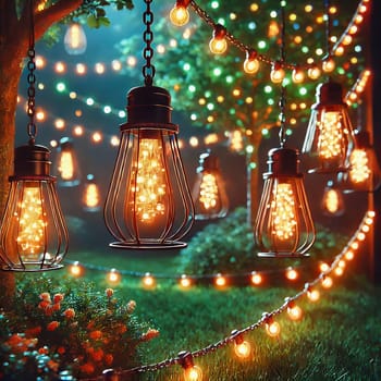 Fairy lights in the garden with garden bench. Lights twinkle from trees, bushes and meadow. Romantic evening atmosphere