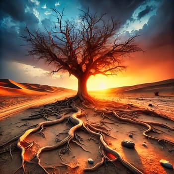 Majestic tree in an arid desert landscape, its roots traversing the cracked earth, illuminated by a golden sunset.