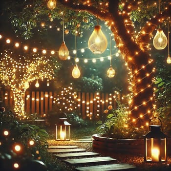 Fairy lights in the garden with garden bench. Lights twinkle from trees, bushes and meadow. Romantic evening atmosphere