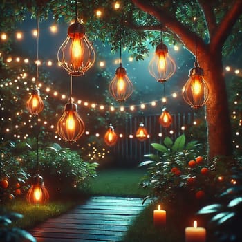 Fairy lights in the garden with garden bench. Lights twinkle from trees, bushes and meadow. Romantic evening atmosphere