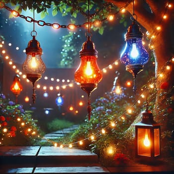Fairy lights in the garden with garden bench. Lights twinkle from trees, bushes and meadow. Romantic evening atmosphere