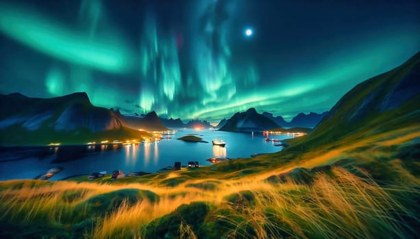 A breathtaking Northern Lights over a fjord landscape with mountains and water surfaces in which the greenish light is mystically reflected.