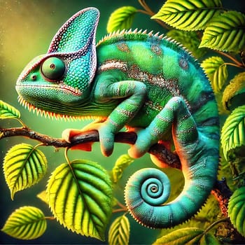 Detailed chameleon on a branch, surrounded by green leaves, illuminated by warm light, symbolizing adaptation, nature and tropical habitats.