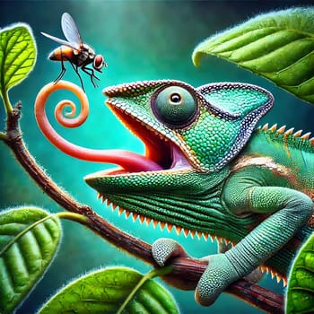 Detailed chameleon on a branch, surrounded by green leaves, catching an insect. Illuminated by warm light, in a tropical habitat.