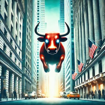 An imposing bull in the middle of an urban street scene, flanked by skyscrapers and American flags, symbolizes strength and financial power.