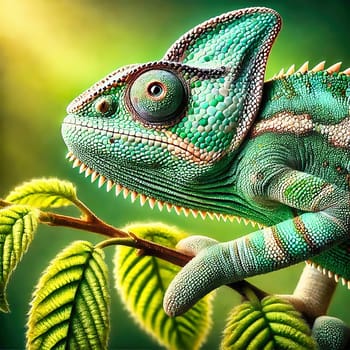 Detailed chameleon on a branch, surrounded by green leaves, illuminated by warm light, symbolizing adaptation, nature and tropical habitats.