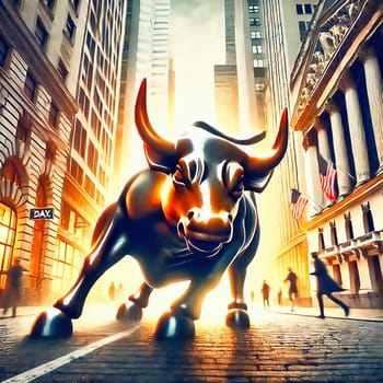 An imposing bull in the middle of an urban street scene, flanked by skyscrapers and American flags, symbolizes strength and financial power.