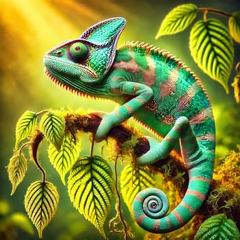 Detailed chameleon on a branch, surrounded by green leaves, illuminated by warm light, symbolizing adaptation, nature and tropical habitats.