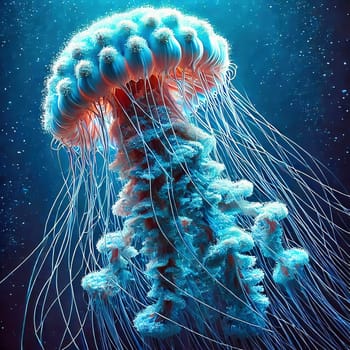 Glowing jellyfish in deep blue water, surrounded by delicate tentacles and shimmering light reflections, symbolizes the beauty and mysticism of the underwater world.