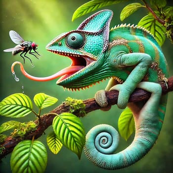 Detailed chameleon on a branch, surrounded by green leaves, catching an insect. Illuminated by warm light, in a tropical habitat.