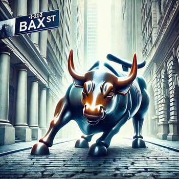An imposing bull in the middle of an urban street scene, flanked by skyscrapers, American flags and a DAX sign, symbolizes strength and financial power.