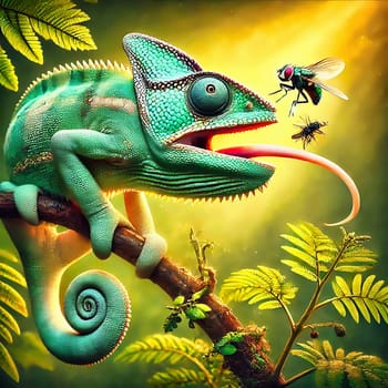 Detailed chameleon on a branch, surrounded by green leaves, catching an insect. Illuminated by warm light, in a tropical habitat.