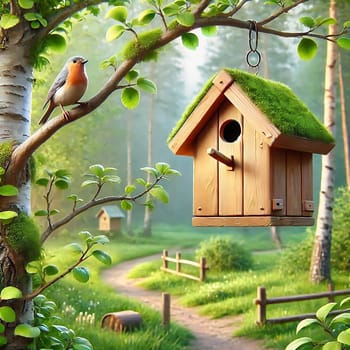 A beautiful wooden birdhouse hangs from a tree in the sunny forest. A small songbird sits on a branch in front of the house and enjoys nature.