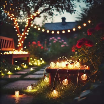 Fairy lights in the garden with garden bench. Lights twinkle from trees, bushes and meadow. Romantic evening atmosphere
