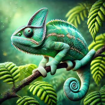 Detailed chameleon on a branch, surrounded by green leaves, illuminated by warm light, symbolizing adaptation, nature and tropical habitats.