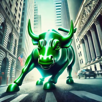 An imposing bull in the middle of an urban street scene, flanked by skyscrapers and American flags, symbolizes strength and financial power.