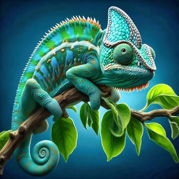 Detailed chameleon on a branch, surrounded by green leaves, symbolizing adaptation, nature and tropical habitats.