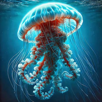 Glowing jellyfish in deep blue water, surrounded by delicate tentacles and shimmering light reflections, symbolizes the beauty and mysticism of the underwater world.