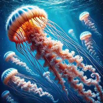 Glowing jellyfish in deep blue water, surrounded by delicate tentacles and shimmering light reflections, symbolizes the beauty and mysticism of the underwater world.