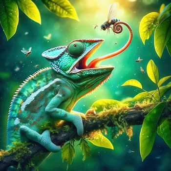 Detailed chameleon on a branch, surrounded by green leaves, catching an insect. Illuminated by warm light, in a tropical habitat.