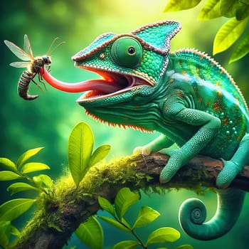 Detailed chameleon on a branch, surrounded by green leaves, catching an insect. Illuminated by warm light, in a tropical habitat.