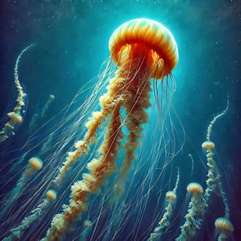 Glowing jellyfish in deep blue water, surrounded by delicate tentacles and shimmering light reflections, symbolizes the beauty and mysticism of the underwater world.