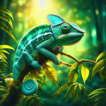 Detailed chameleon on a branch, surrounded by green leaves, illuminated by warm light, symbolizing adaptation, nature and tropical habitats.
