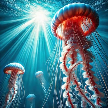 Glowing jellyfish in deep blue water, surrounded by delicate tentacles and shimmering light reflections, symbolizes the beauty and mysticism of the underwater world.