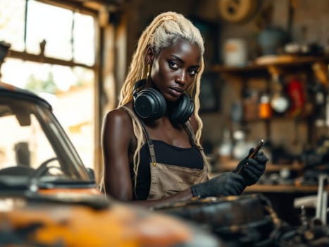 Young african woman with blond dreadlocks wearing headphones and holding a wrench, repairing a vintage car in a garage. Ai generated