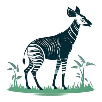 An okapi stands proudly in a lush green environment, showcasing its distinctive striped legs and elegant form, surrounded by ferns and grass - Generative AI
