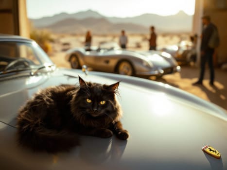 Black cat lying on the hood of a silver Ferrari in a tuning garage with vintage supercars in the background and mechanics working. Ai generated