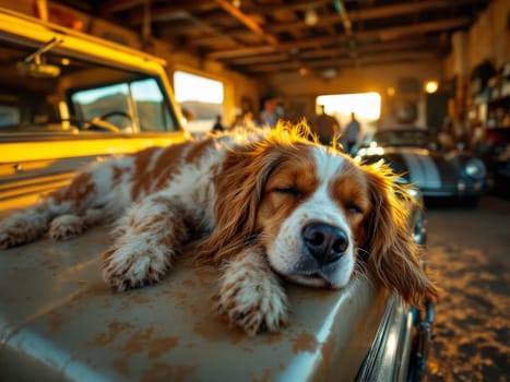 Brown and white Kooikerhondje dog sleeping on the hood of a yellow vintage car inside a tuning garage with classic cars. Ai generated