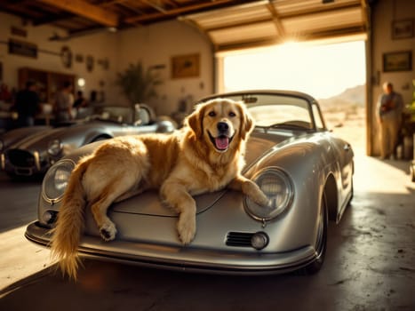 Golden retriever dog lying on silver Porsche 356 in vintage car tuning garage with mechanics working. Ai generated