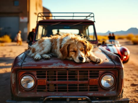 Adorable dog sleeping peacefully on the hood of a vintage Ford Bronco in the desert, enjoying the warm afternoon sun. Ai generated
