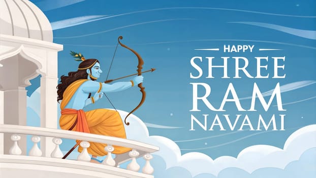 illustration of Lord Rama with bow arrow with Hindi text meaning Shree Ram Navami celebration background for religious holiday of India. High quality photo