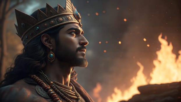 Lord Rama in gold crown portrait on fire background. Happy Dussehra, Ram Navali.