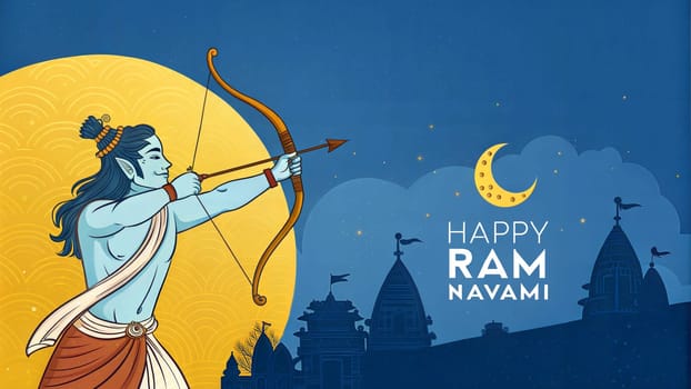 Lord Rama with bow and arrow on moon and night city background. Ram Navami festival celebration background for Indian religious holiday.