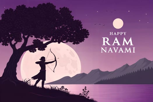 Lord Rama silhouette with bow and arrow on full moon background. Happy Ram Navami festival celebration background for religious holiday of India. Copy space