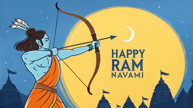 Lord Rama with bow and arrow on moon and night city background. Ram Navami festival celebration background for Indian religious holiday.
