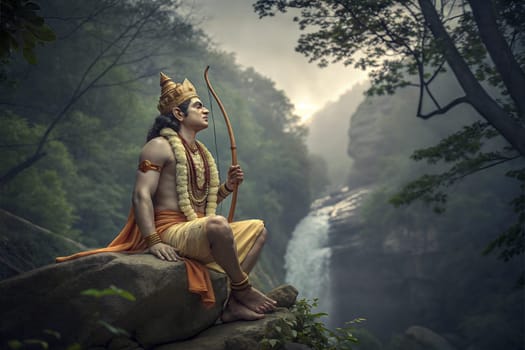 illustration of Lord Rama with bow arrow sitting in forest. Ram Navami celebration background for religious holiday of India. High quality photo