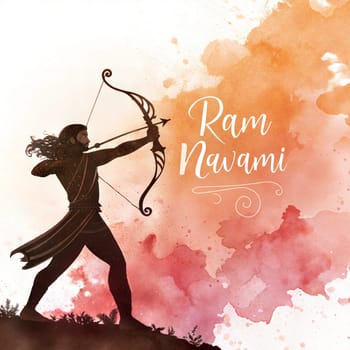 Lord Rama silhouette with bow and arrow. Ram Navami festival celebration background for Indian religious holiday.