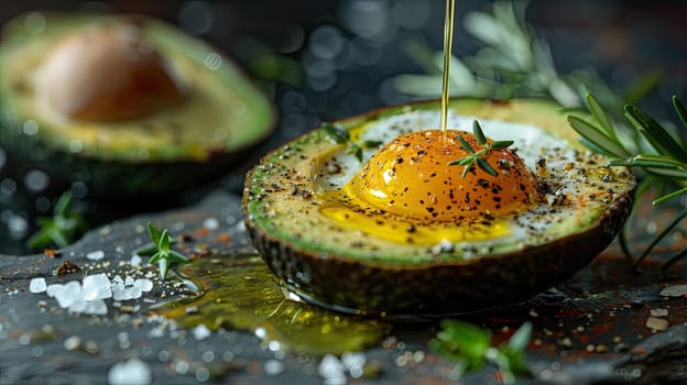 A halved avocado showcases a bright orange egg yolk nestled inside, enhanced by a drizzle of olive oil. Fresh herbs and sea salt add flavor to the presentation, creating an appetizing dish.