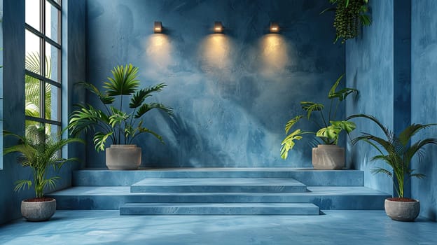 A tranquil indoor space features blue textured walls illuminated by soft lighting. Green potted plants add a touch of nature, enhancing the minimalist aesthetic of the area.