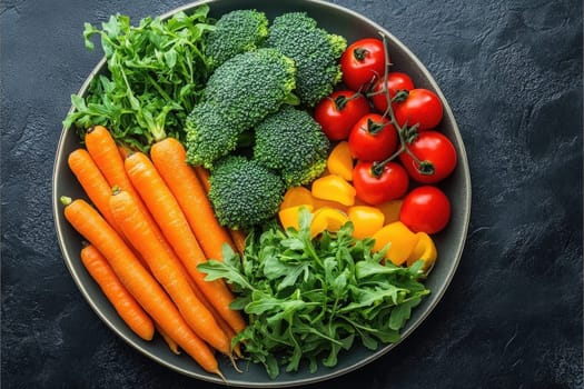 A plate displays an assortment of fresh vegetables including bright orange carrots, green broccoli, red tomatoes, yellow bell peppers, and leafy arugula.